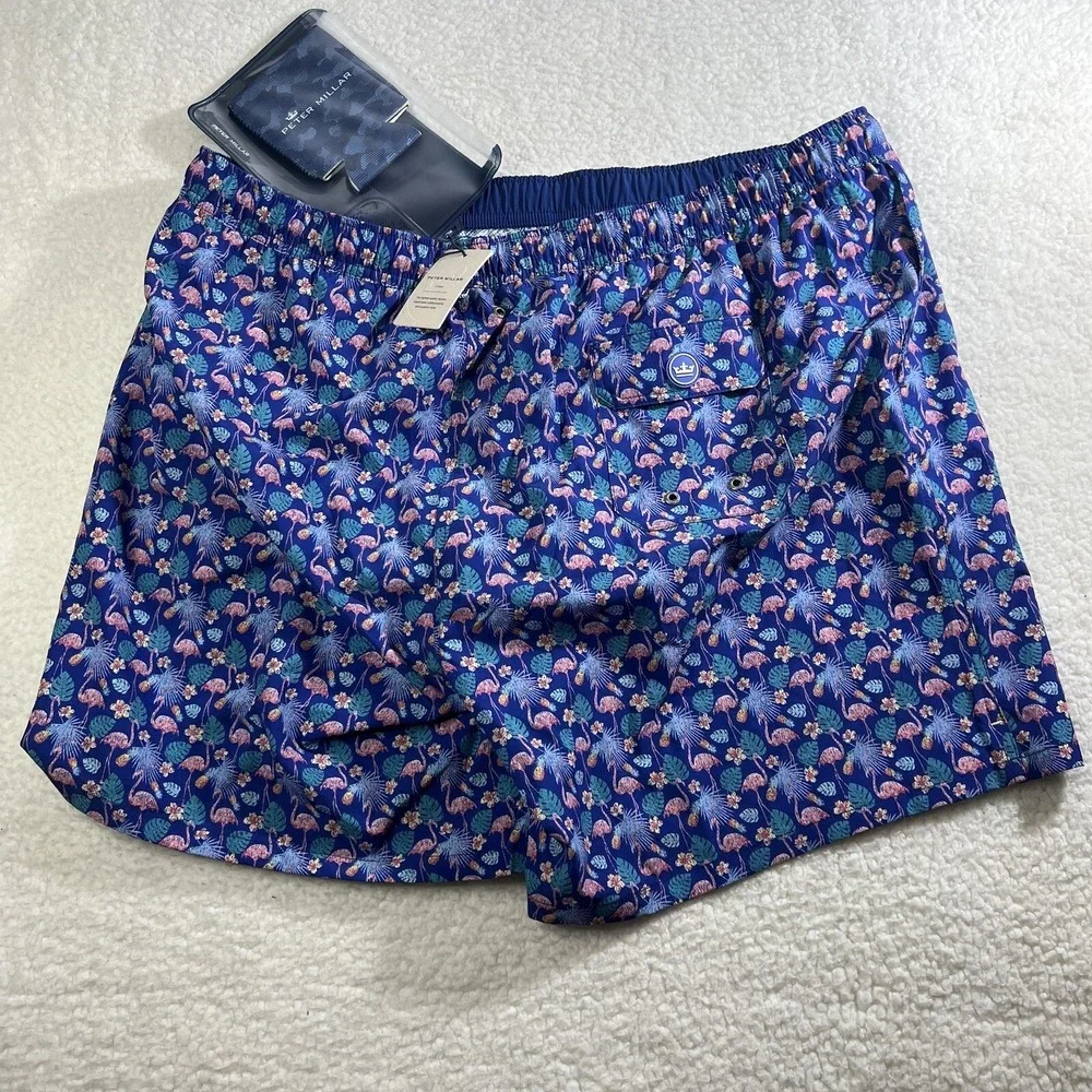 Peter Millar Tropical Flock Swim Trunks Mens‎ 2XL Blue Flamingo Stretch Pouch